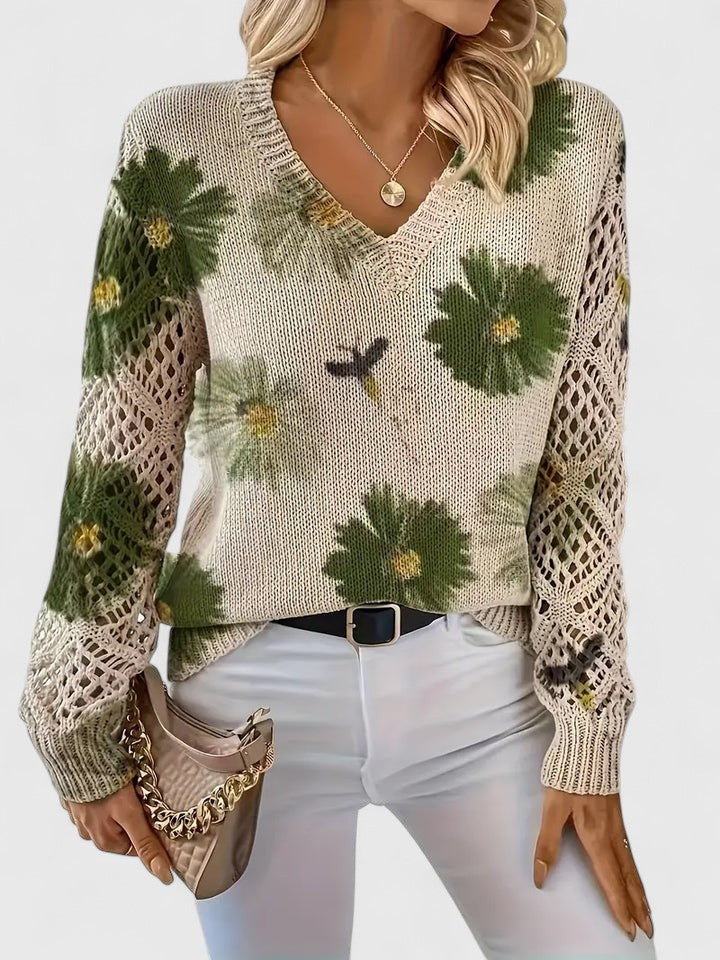 Women's Floral Knit Cardigan with V-Neck and Open Lattice Sleeves | Hip-Length Layering Sweater | Size S-2XL