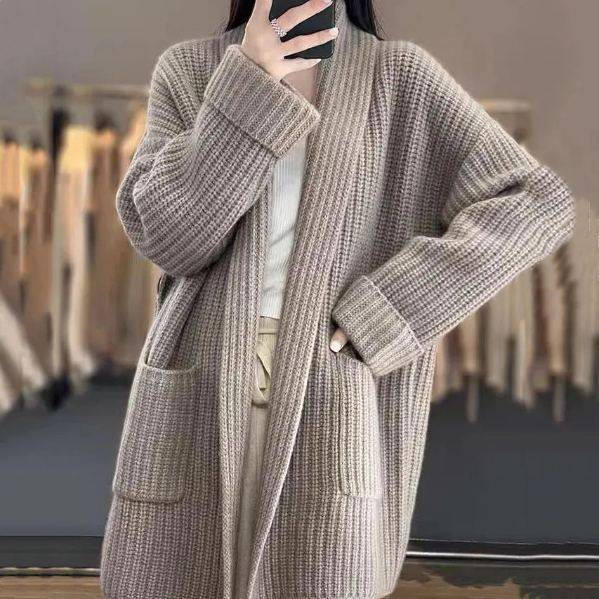 Women's Long Open Front Cardigan Sweater with Pockets | Relaxed Knit Layer in Beige or Camel | Size M-L