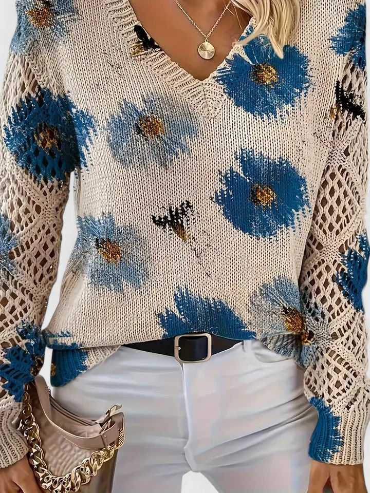 Women's Floral Knit Cardigan with V-Neck and Open Lattice Sleeves | Hip-Length Layering Sweater | Size S-2XL