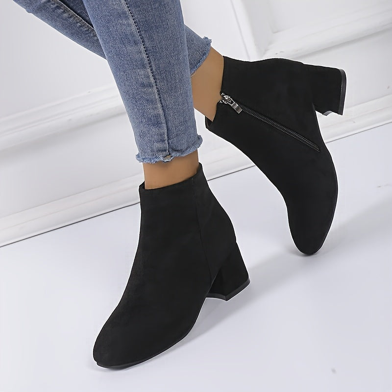 Women's Chelsea Ankle Boot | Low Block Heel, Side Zip, Round Toe, Suede-Look Finish | US 5.5-12 | 2 Colors