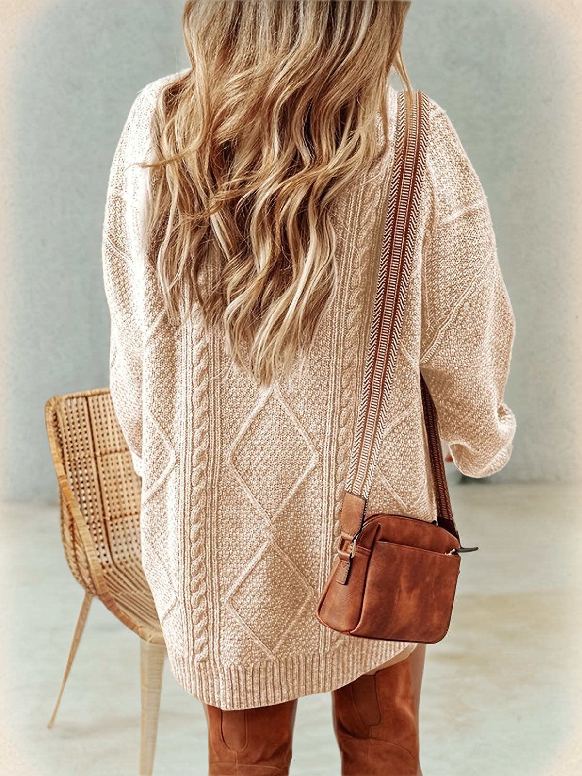 Women's Cable Knit Sweater Dress with Diamond Texture | Round Neck, Patch Pockets | Sizes S-2XL, 2 Colors