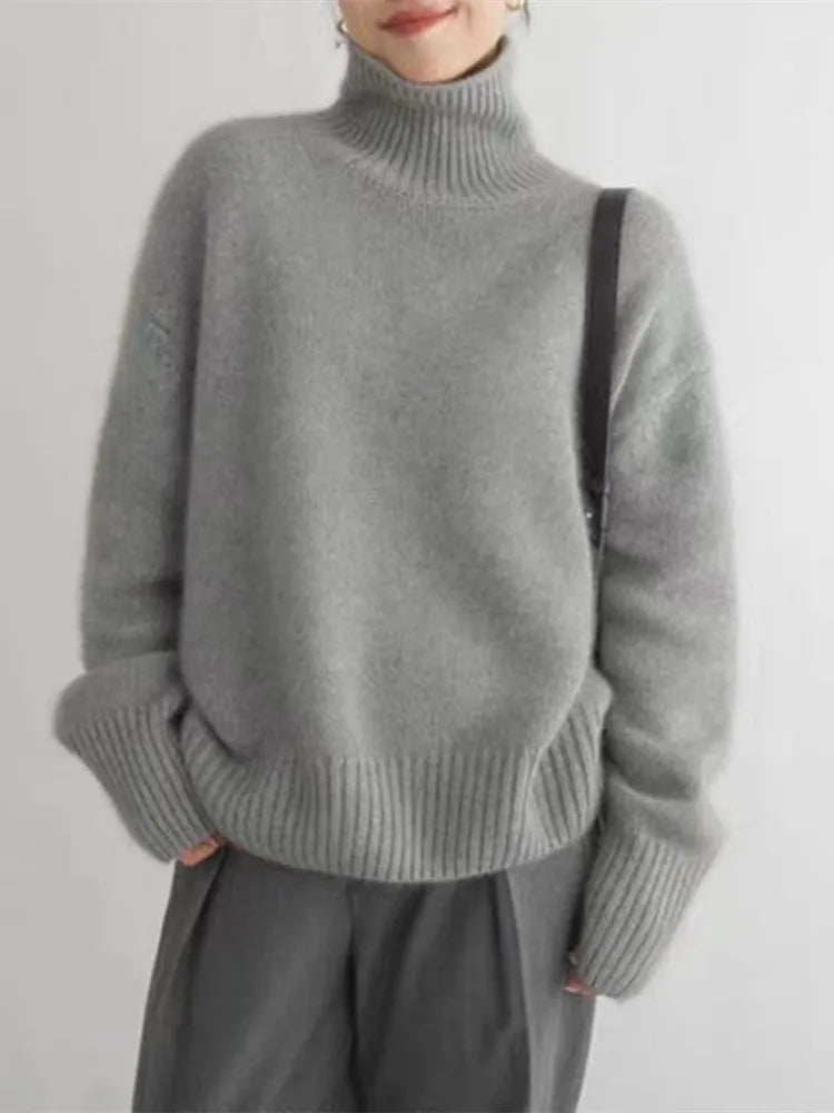 Women's Oversized Turtleneck Sweater | Relaxed Knit Pullover with Ribbed Cuffs | Sizes S to 3XL | 3 Neutral Colorways