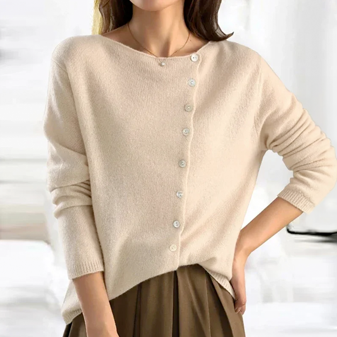 Women's Button-Front Cardigan | Asymmetric Neckline Knit, Long Sleeve | Sizes XS to 3XL | 4 Colors Including Beige and Gray