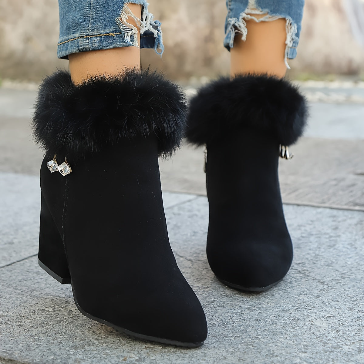 Women's Faux Fur Trim Ankle Boots with Block Heel | Pointed Toe Booties with Side Zip and Cushioned Footbed | Size 5.5-10