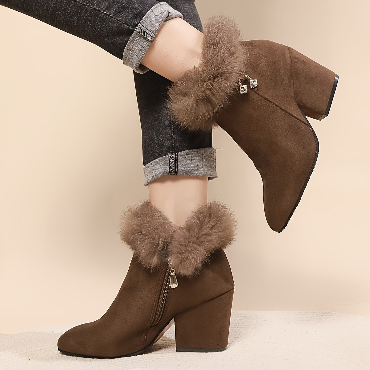 Women's Faux Fur Trim Ankle Boots with Block Heel | Pointed Toe Booties with Side Zip and Cushioned Footbed | Size 5.5-10