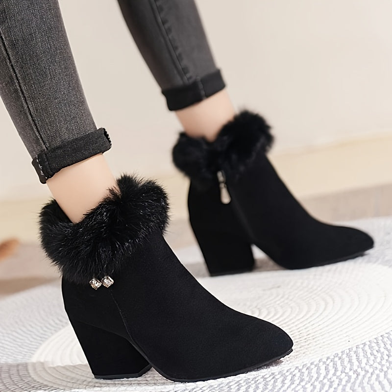 Women's Faux Fur Trim Ankle Boots with Block Heel | Pointed Toe Booties with Side Zip and Cushioned Footbed | Size 5.5-10