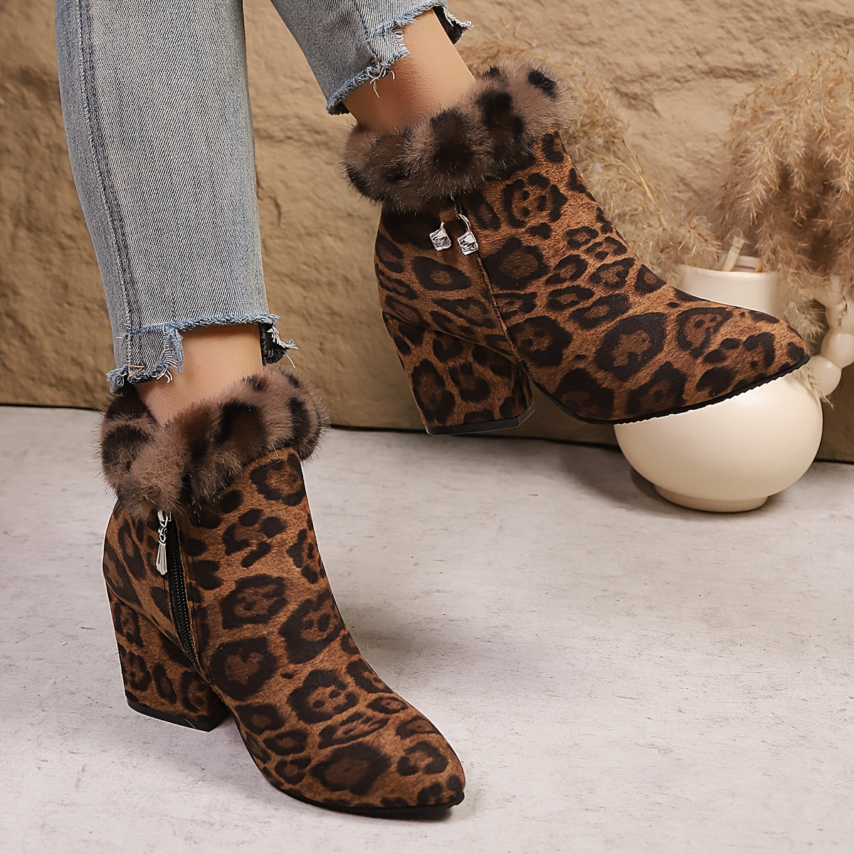Women's Faux Fur Trim Ankle Boots with Block Heel | Pointed Toe Booties with Side Zip and Cushioned Footbed | Size 5.5-10