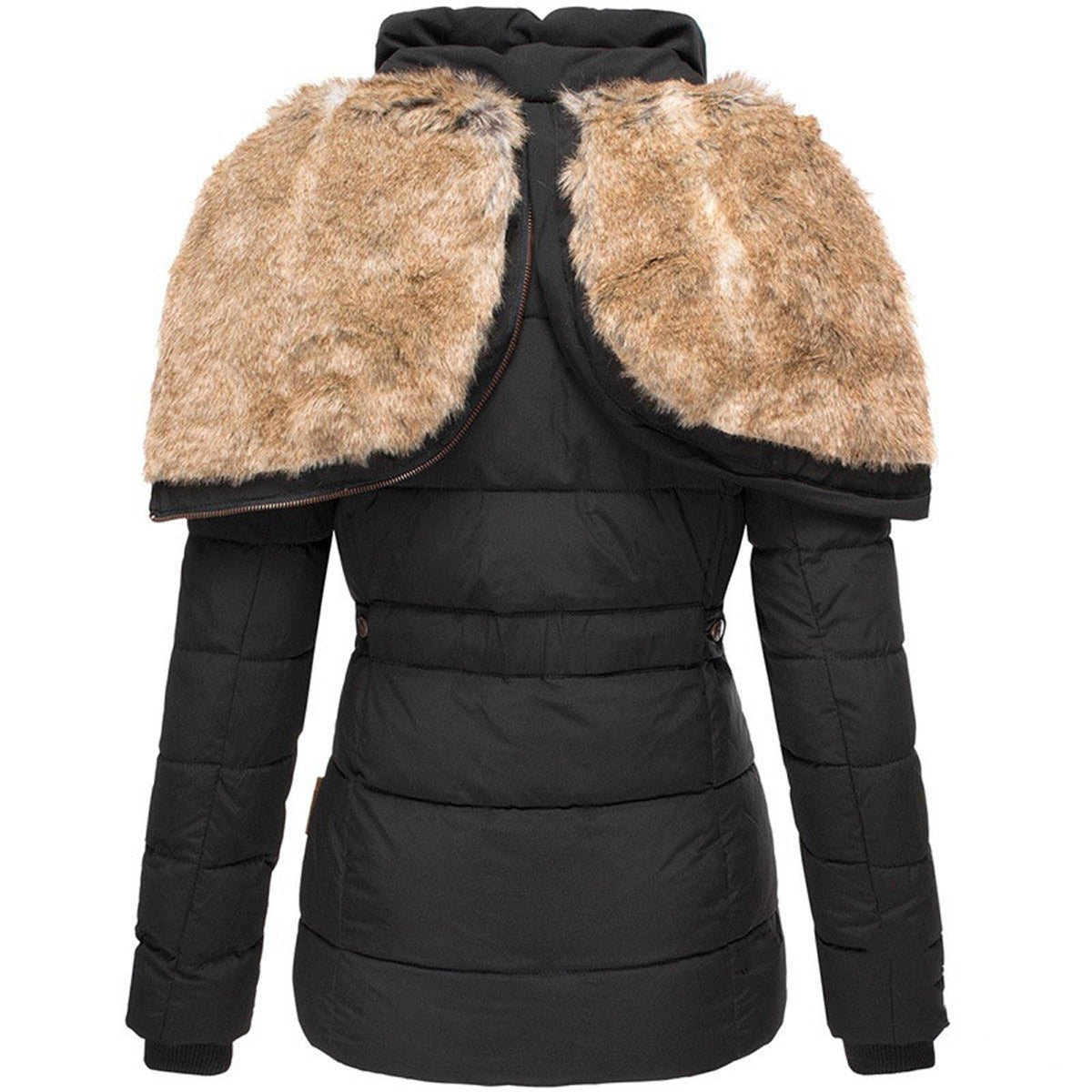 Women's Puffer Jacket with Quilted Panels and Hood | Faux Fur Trim, Fitted Cut, Knit | For Winter | Size S-5XL