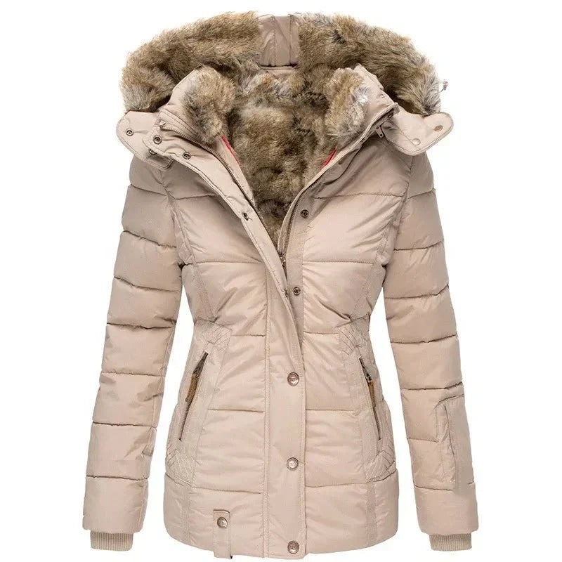 Women's Puffer Jacket with Quilted Panels and Hood | Faux Fur Trim, Fitted Cut, Knit | For Winter | Size S-5XL