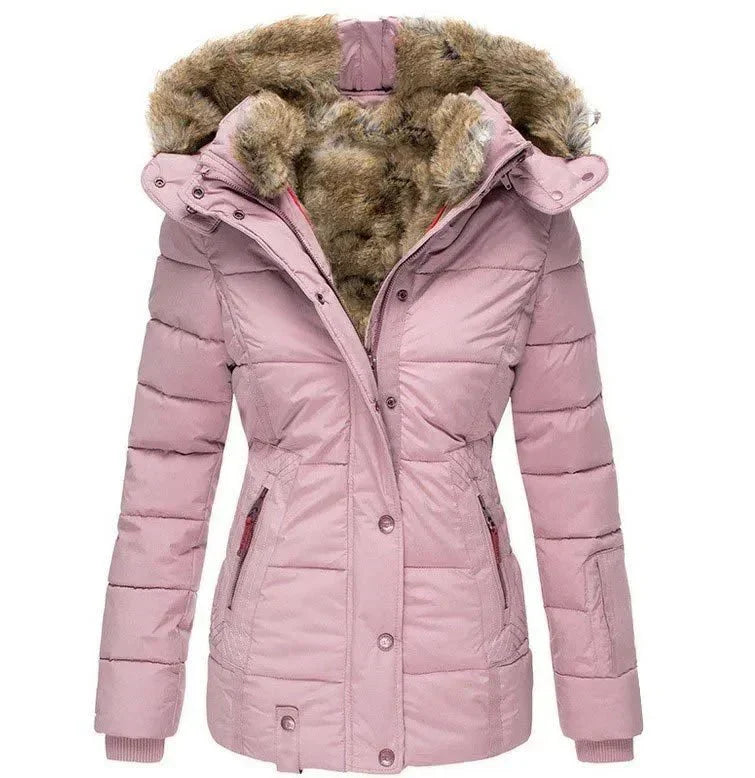Women's Puffer Jacket with Quilted Panels and Hood | Faux Fur Trim, Fitted Cut, Knit | For Winter | Size S-5XL