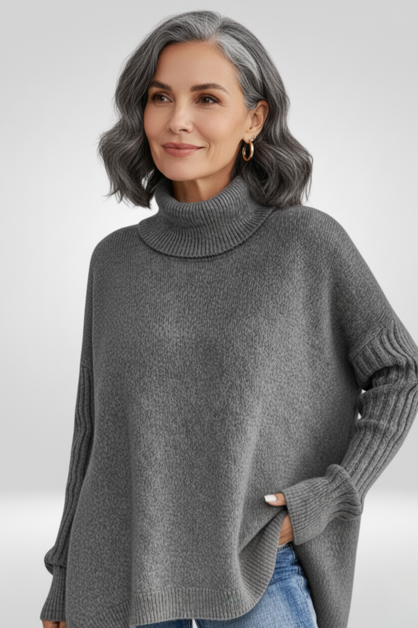 Women's Oversized Turtleneck Sweater | Asymmetric Hem, Ribbed Cuffs and Roll Neck for Fall | Size XS-3XL, 5 Colors