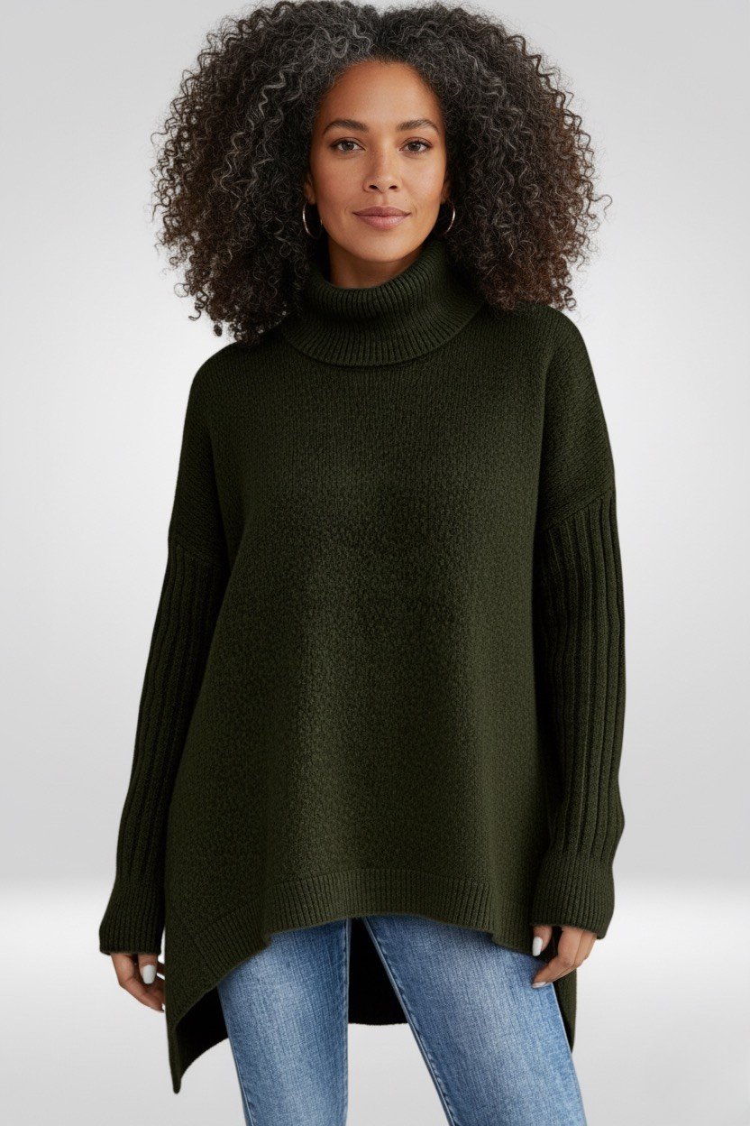 Women's Oversized Turtleneck Sweater | Asymmetric Hem, Ribbed Cuffs and Roll Neck for Fall | Size XS-3XL, 5 Colors