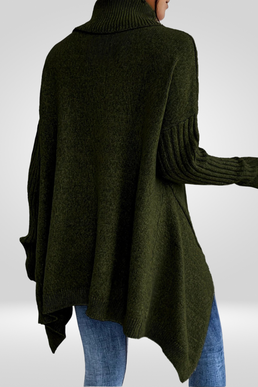 Women's Oversized Turtleneck Sweater | Asymmetric Hem, Ribbed Cuffs and Roll Neck for Fall | Size XS-3XL, 5 Colors