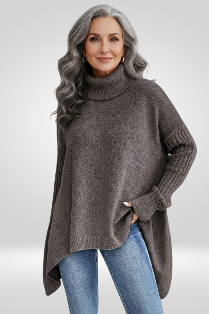 Women's Oversized Turtleneck Sweater | Asymmetric Hem, Ribbed Cuffs and Roll Neck for Fall | Size XS-3XL, 5 Colors