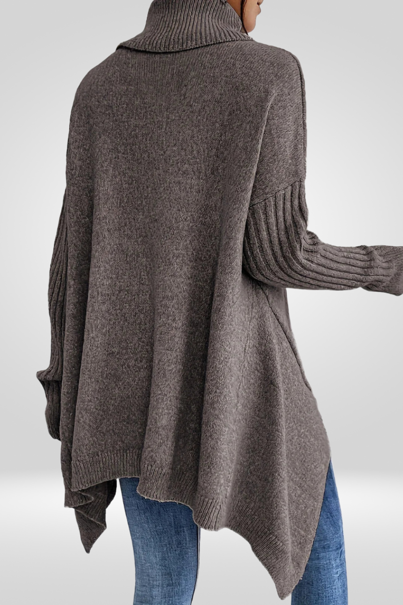 Women's Oversized Turtleneck Sweater | Asymmetric Hem, Ribbed Cuffs and Roll Neck for Fall | Size XS-3XL, 5 Colors