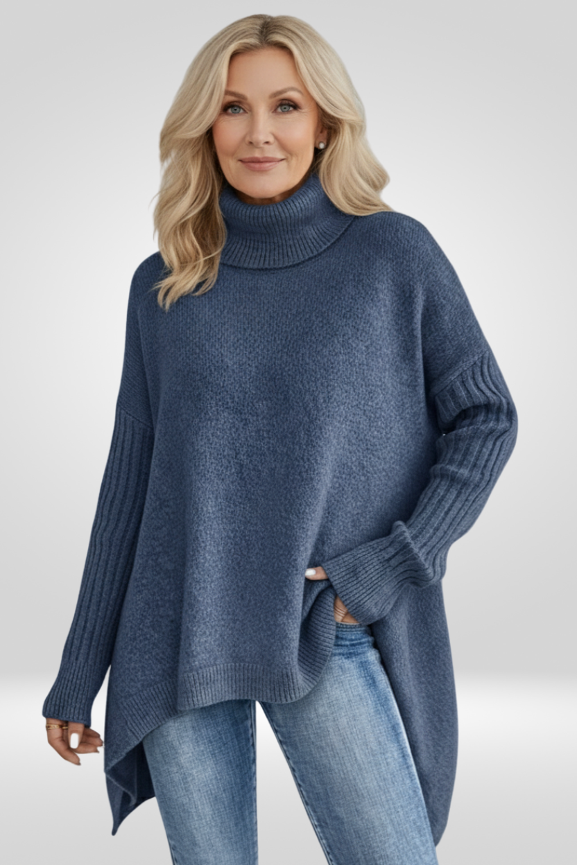 Women's Oversized Turtleneck Sweater | Asymmetric Hem, Ribbed Cuffs and Roll Neck for Fall | Size XS-3XL, 5 Colors