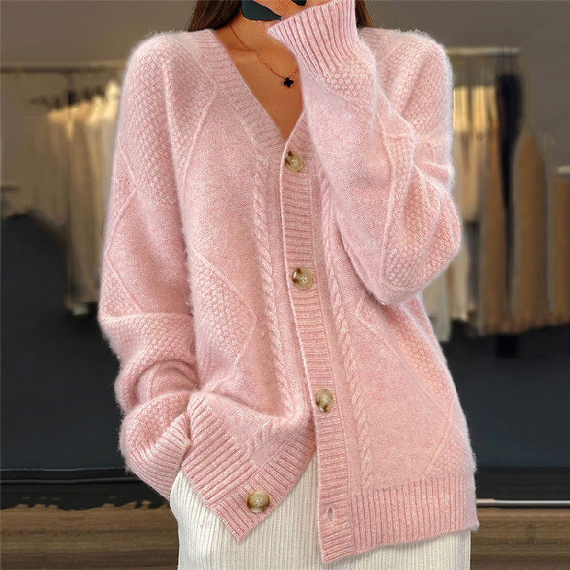 Women's Cable Knit V-Neck Cardigan Sweater with Button Front | Oversized Fall and Winter Layer | Size S-XL
