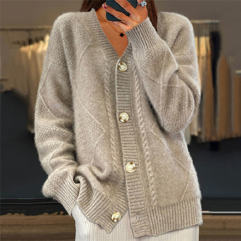 Women's Cable Knit V-Neck Cardigan Sweater with Button Front | Oversized Fall and Winter Layer | Size S-XL
