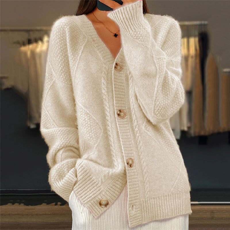 Women's Cable Knit V-Neck Cardigan Sweater with Button Front | Oversized Fall and Winter Layer | Size S-XL