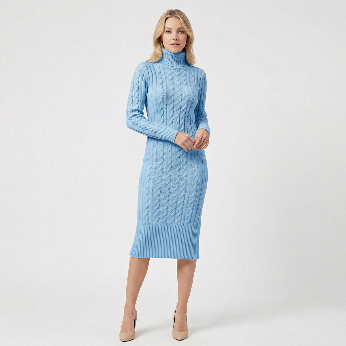 Women's Midi Sweater Dress in Cable Knit | Turtleneck, Long Sleeves, Fitted Column Shape | Sizes S-L, 9 Colors