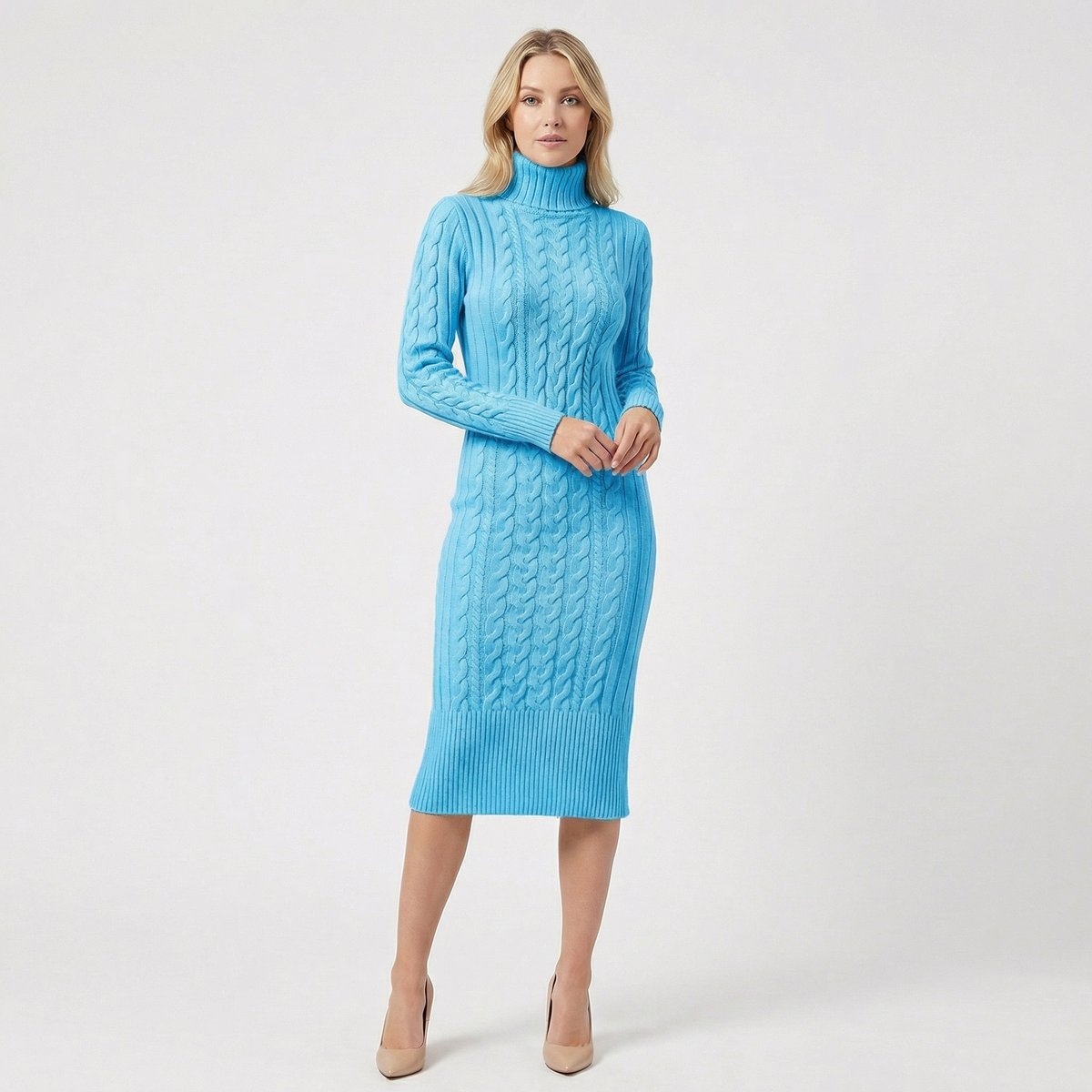Women's Midi Sweater Dress in Cable Knit | Turtleneck, Long Sleeves, Fitted Column Shape | Sizes S-L, 9 Colors