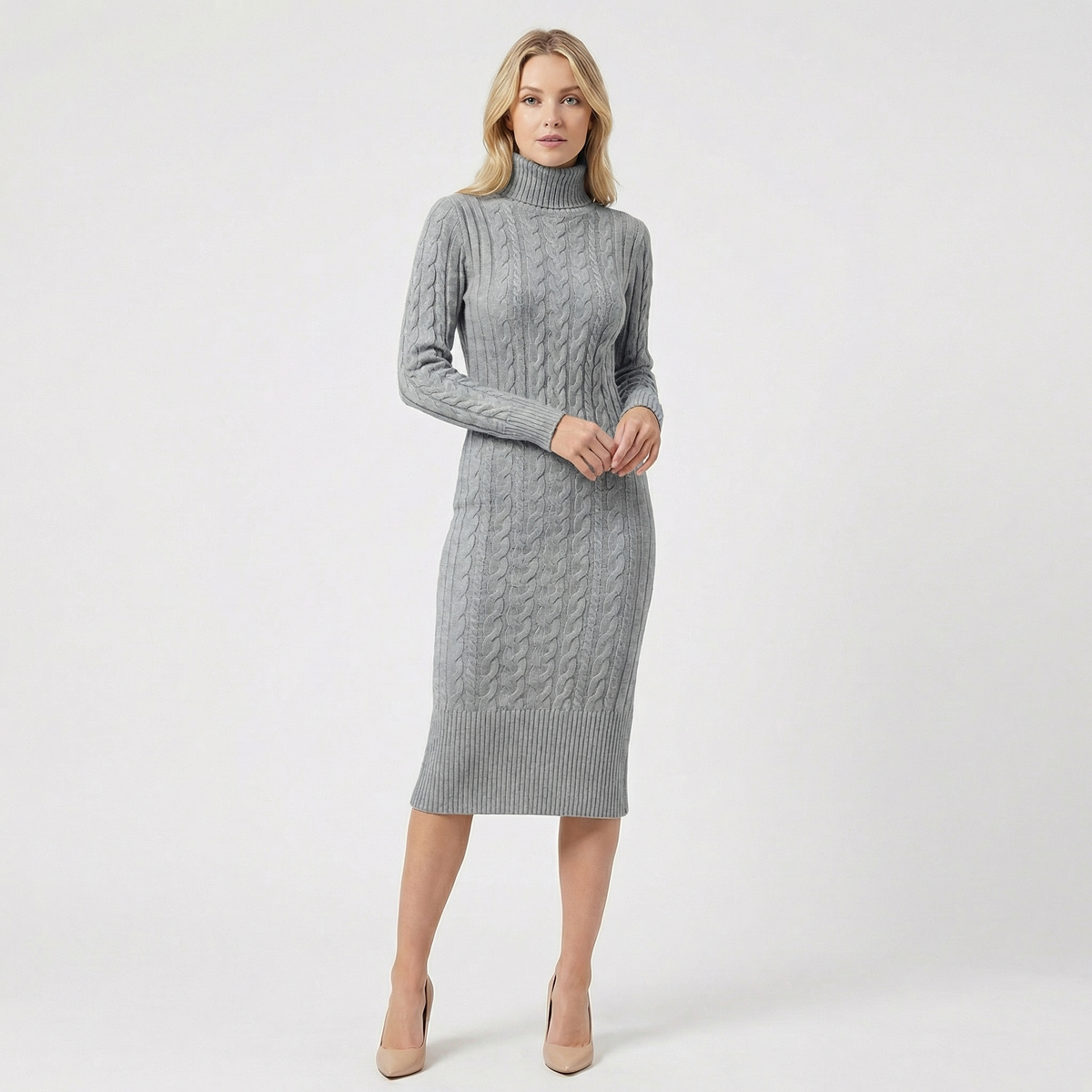 Women's Midi Sweater Dress in Cable Knit | Turtleneck, Long Sleeves, Fitted Column Shape | Sizes S-L, 9 Colors