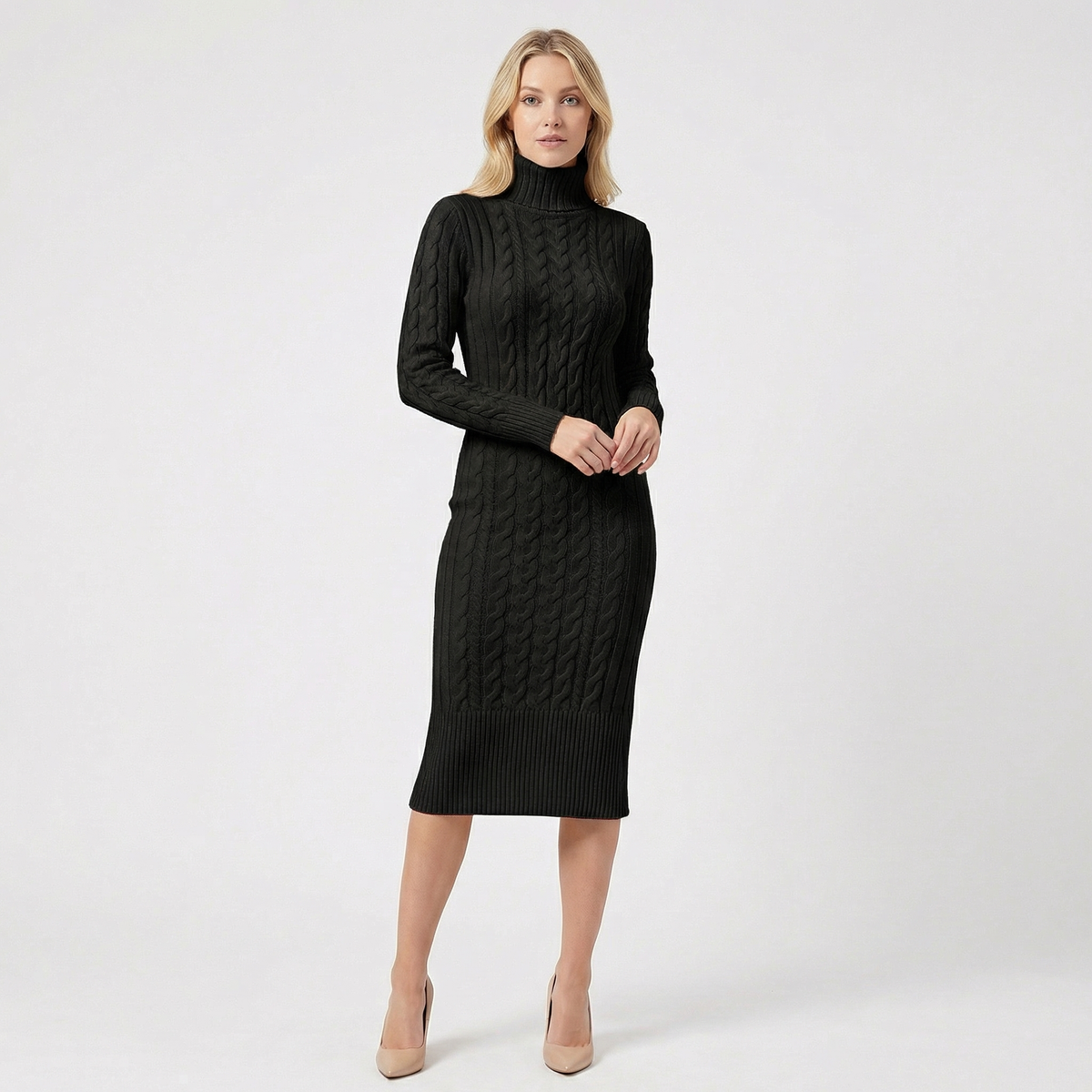 Women's Midi Sweater Dress in Cable Knit | Turtleneck, Long Sleeves, Fitted Column Shape | Sizes S-L, 9 Colors