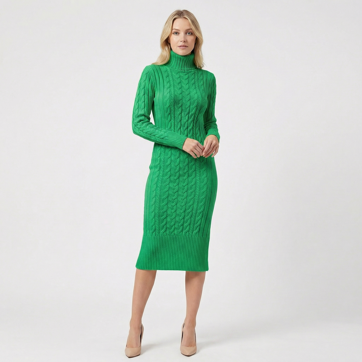 Women's Midi Sweater Dress in Cable Knit | Turtleneck, Long Sleeves, Fitted Column Shape | Sizes S-L, 9 Colors