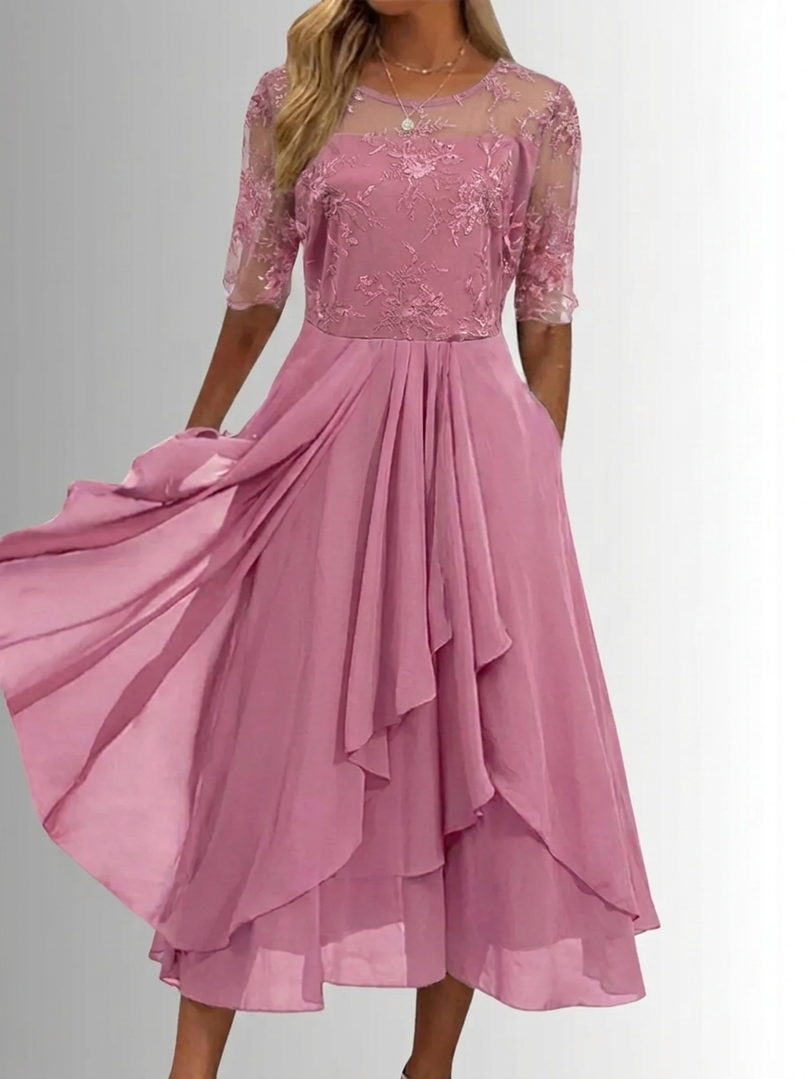 Women's Lace Dress with Layered Skirt for Wedding Guests | Fitted Bodice, Closed Back, Breathable Lightweight Fabric | Size S-3XL