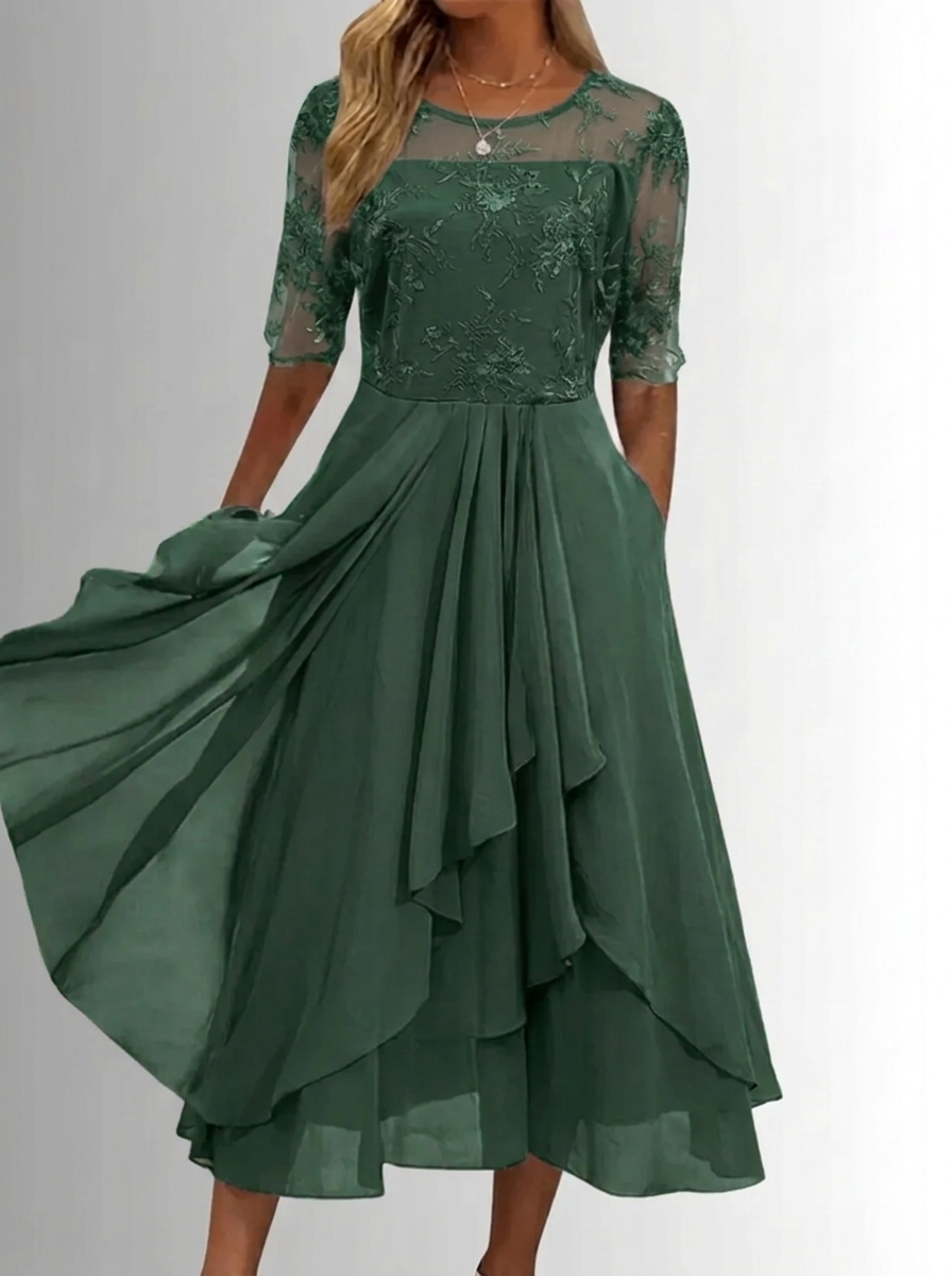 Women's Lace Dress with Layered Skirt for Wedding Guests | Fitted Bodice, Closed Back, Breathable Lightweight Fabric | Size S-3XL