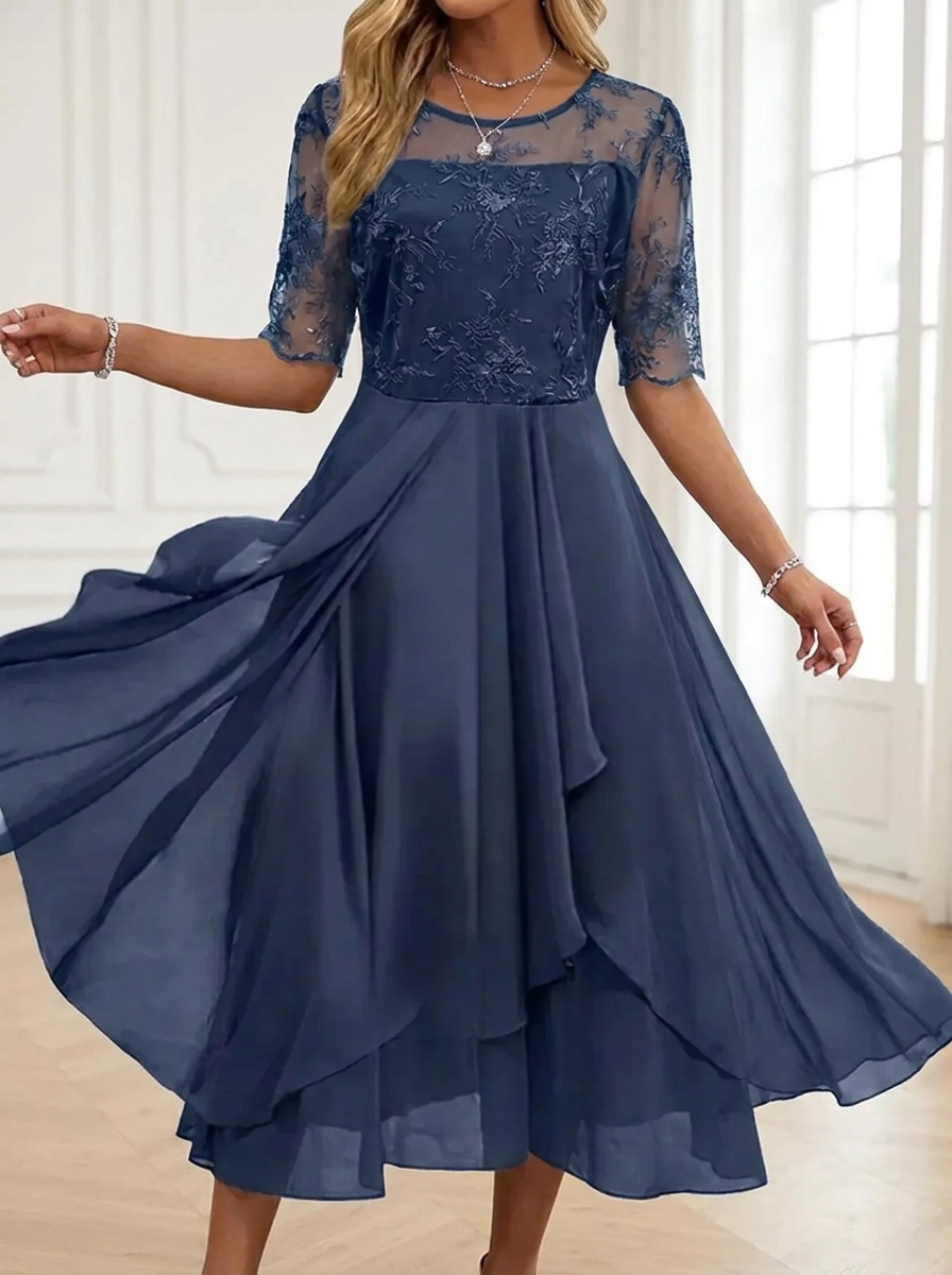 Women's Lace Dress with Layered Skirt for Wedding Guests | Fitted Bodice, Closed Back, Breathable Lightweight Fabric | Size S-3XL