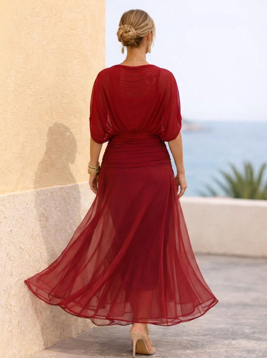 Women's Flowy V Neck Maxi Dress with Sleeves and Pleated Waist | Formal Wedding Guest Outfit for Celebrations | Size S-4XL