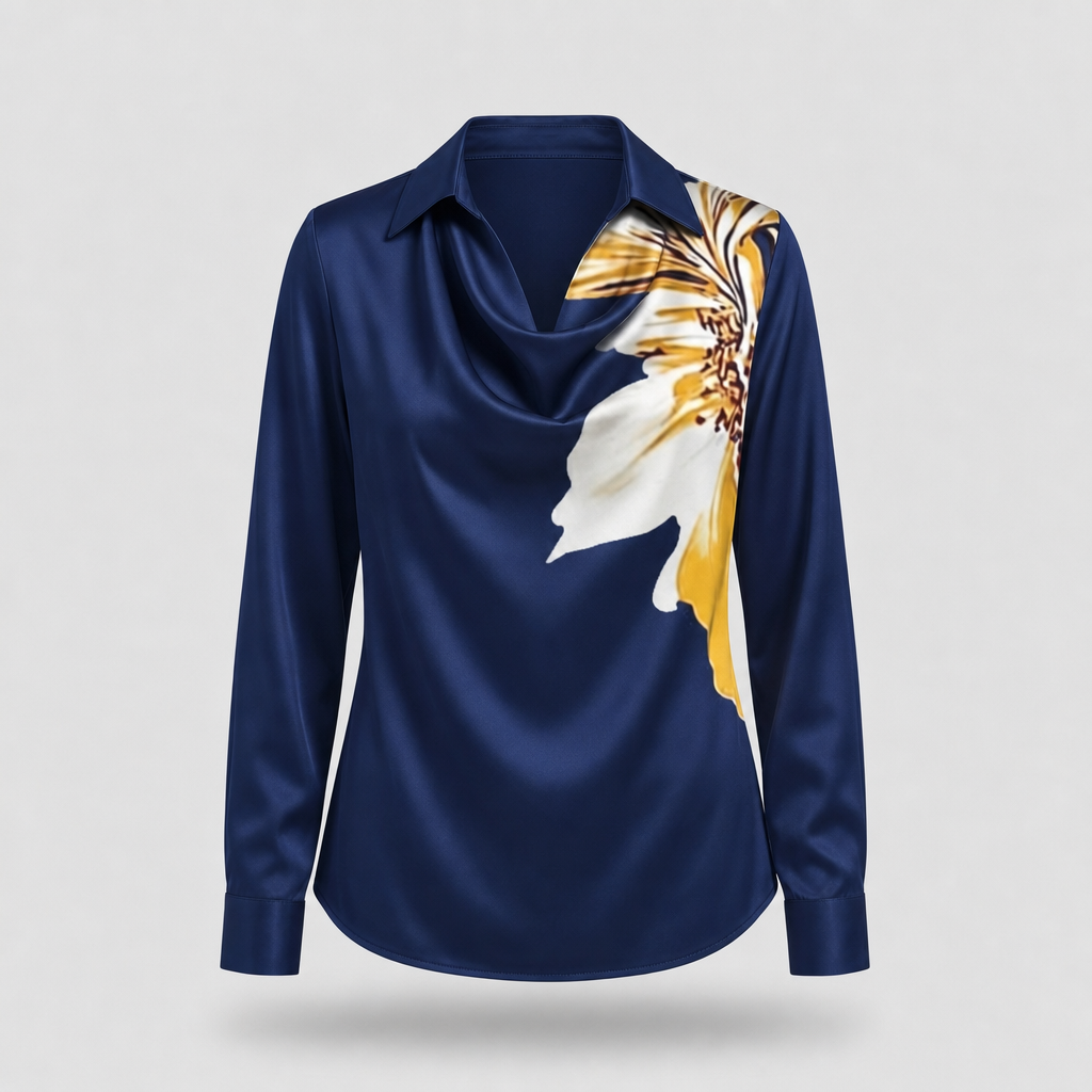 Women's Satin-Finish Cowl Neck Blouse with Collar | Long Sleeves, Relaxed Drape | Sizes XS to 3XL, 8 Colors