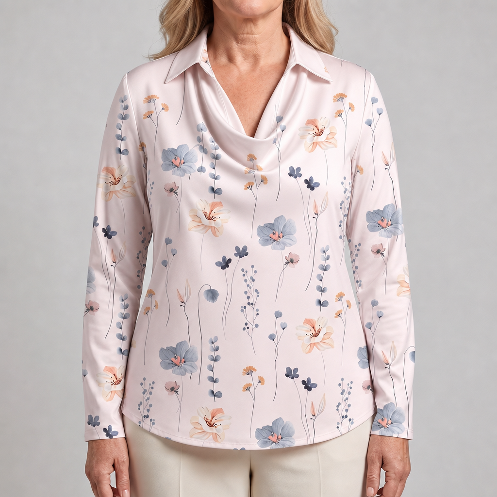 Women's Satin-Finish Cowl Neck Blouse with Collar | Long Sleeves, Relaxed Drape | Sizes XS to 3XL, 8 Colors