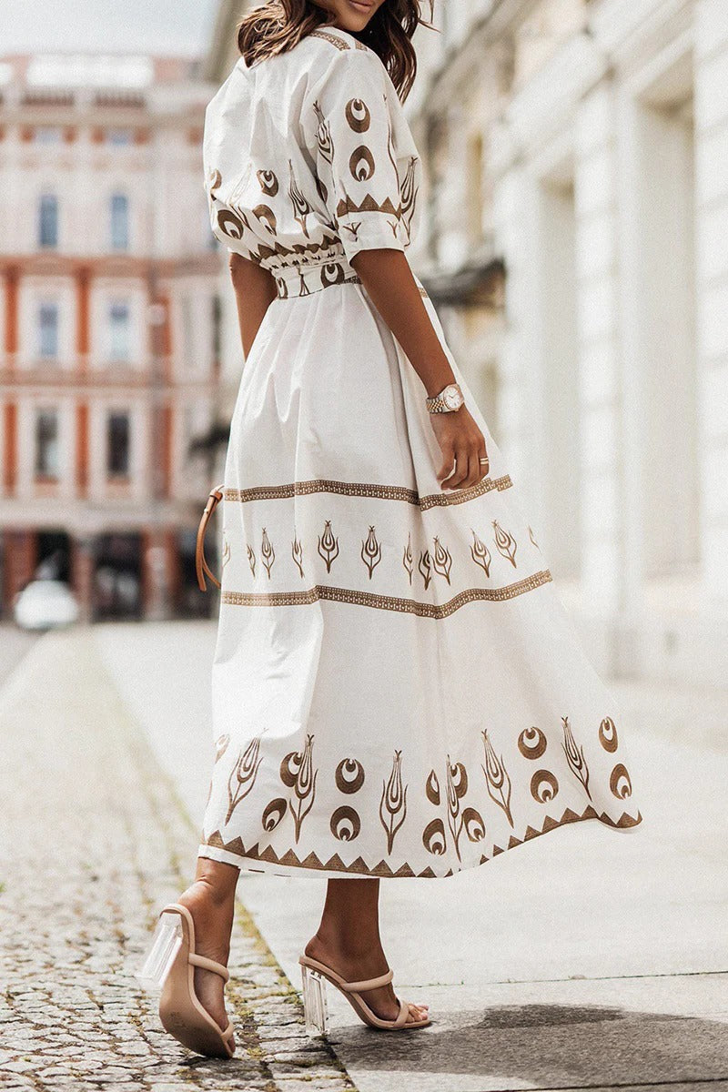 Kaitlyn | Women's Boho Printed Belted Long Sleeve Midi Dress