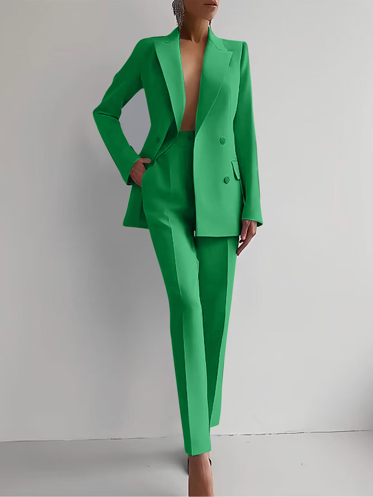 Women's Double-Breasted Blazer and Slim Pants Suit Set | Peaked Lapels, Fitted Waist, Straight Leg | 8 Colors