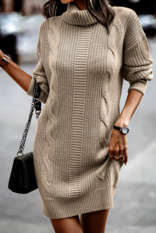 Women's Turtleneck Sweater Dress in Cable Knit | Straight Cut, Long Sleeves, 100% Polyester | Sizes S-2XL, 4 Colors