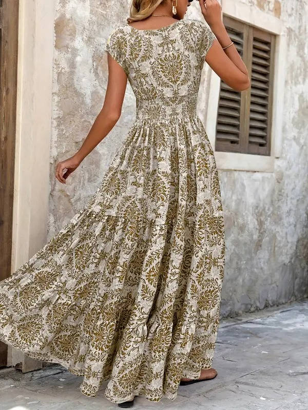 isabella boho dresses Women's Patterned Sleeveless V-Neck Maxi Dress | Full-Length Silhouette, Relaxed Flowy Fit, Easy Movement Affordable Beach Bridals Dresses, Italian Cotton Length Fit Color:Green Fields