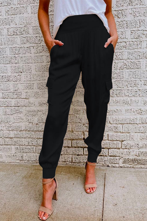 Women's High Waisted Cargo Pants with Elastic Cuffs | Side Pockets in a Relaxed Fit | Size S-XL, 3 Colors