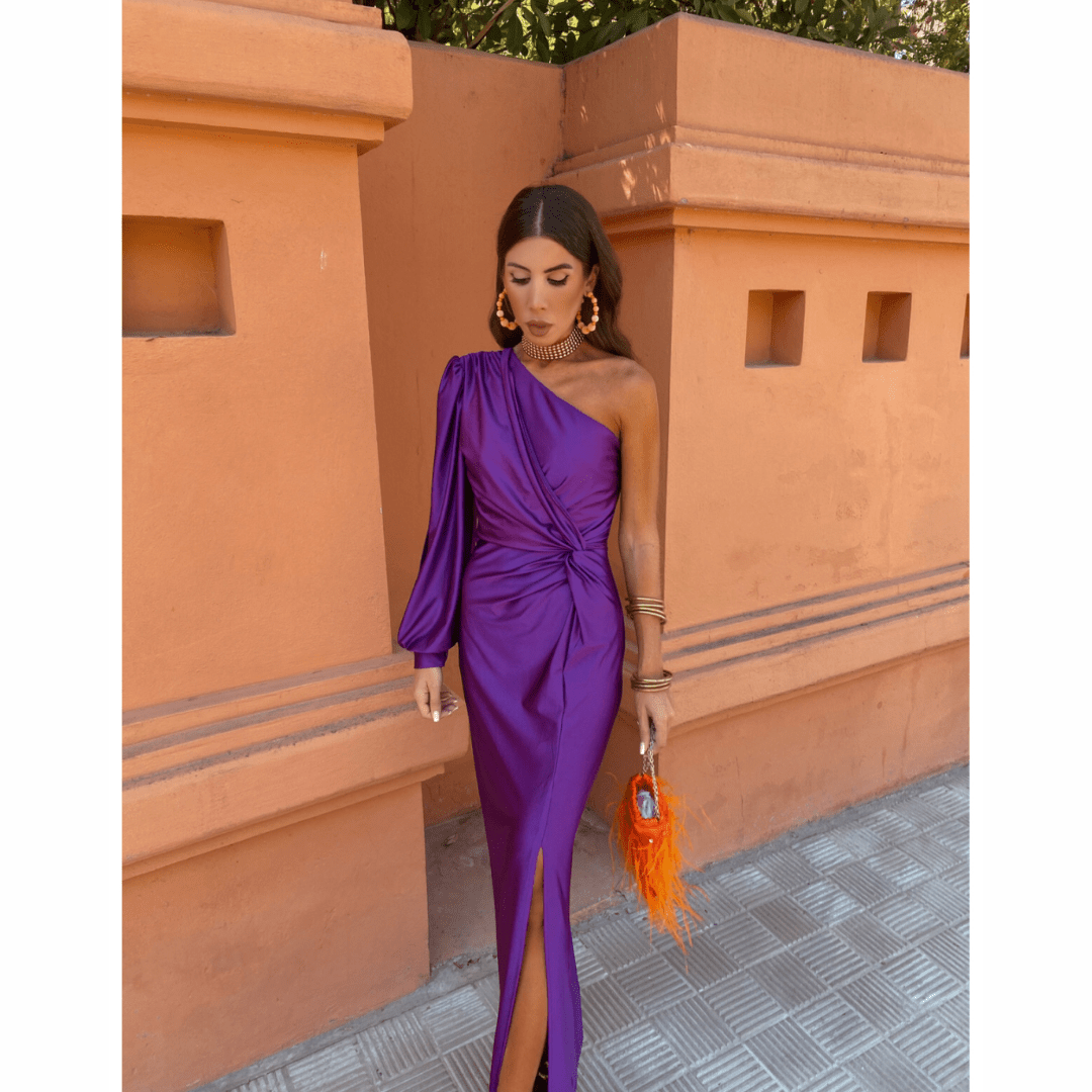 Women's Wedding Guest Dress in Draped Stretch Fabric | Defined Waist, Covered Shoulders | Size S-2XL, Green or Lilac