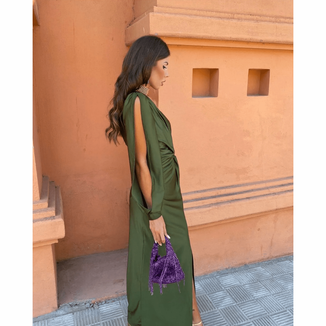 Women's Wedding Guest Dress in Draped Stretch Fabric | Defined Waist, Covered Shoulders | Size S-2XL, Green or Lilac