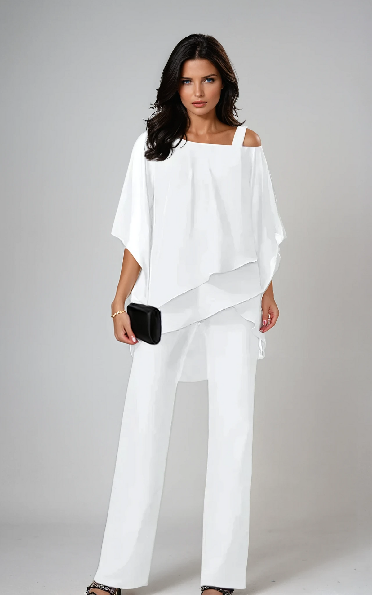 Women's Two Piece Pants Set with Asymmetric Layered Top | High Waist Wide Leg Trousers, Breathable Flowy Fabric | Size S-3XL