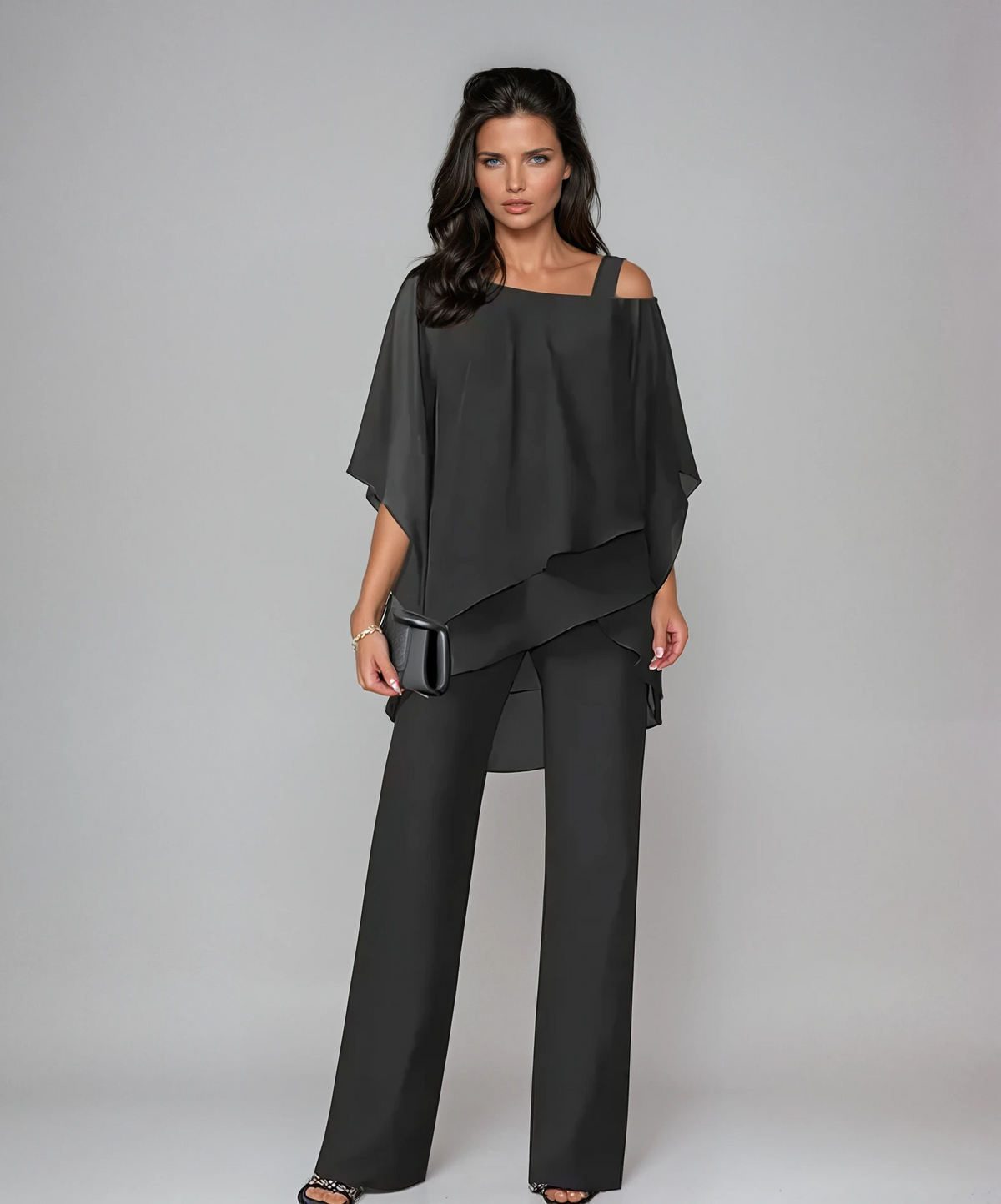 Women's Two Piece Pants Set with Asymmetric Layered Top | High Waist Wide Leg Trousers, Breathable Flowy Fabric | Size S-3XL