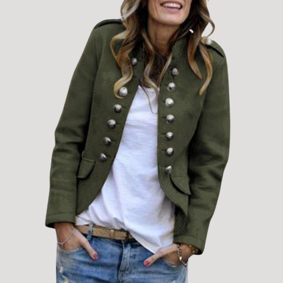 Women's Double-Breasted Military Cropped Jacket | Stand Collar, Silver Buttons, Tailored Cropped Fit | 5 Colors