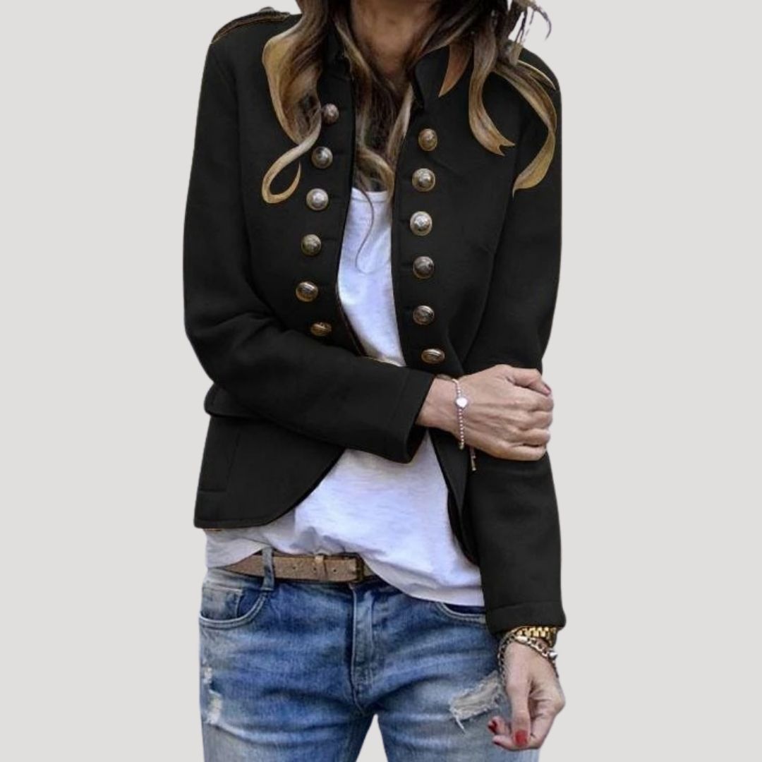 Women's Double-Breasted Military Cropped Jacket | Stand Collar, Silver Buttons, Tailored Cropped Fit | 5 Colors