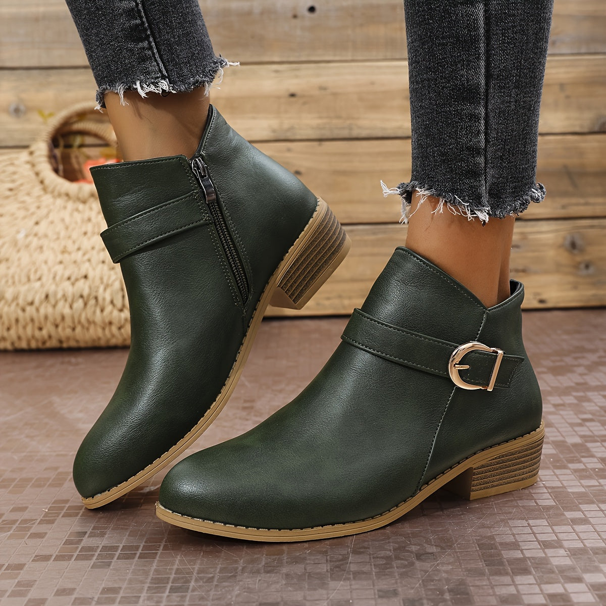 Women's Chelsea Ankle Boots with Wrap Around Buckle | Low Block Heel, Side Zip, Round Toe | Size 5.5-10.5
