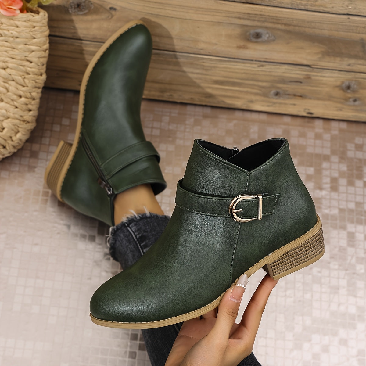 Women's Chelsea Ankle Boots with Wrap Around Buckle | Low Block Heel, Side Zip, Round Toe | Size 5.5-10.5