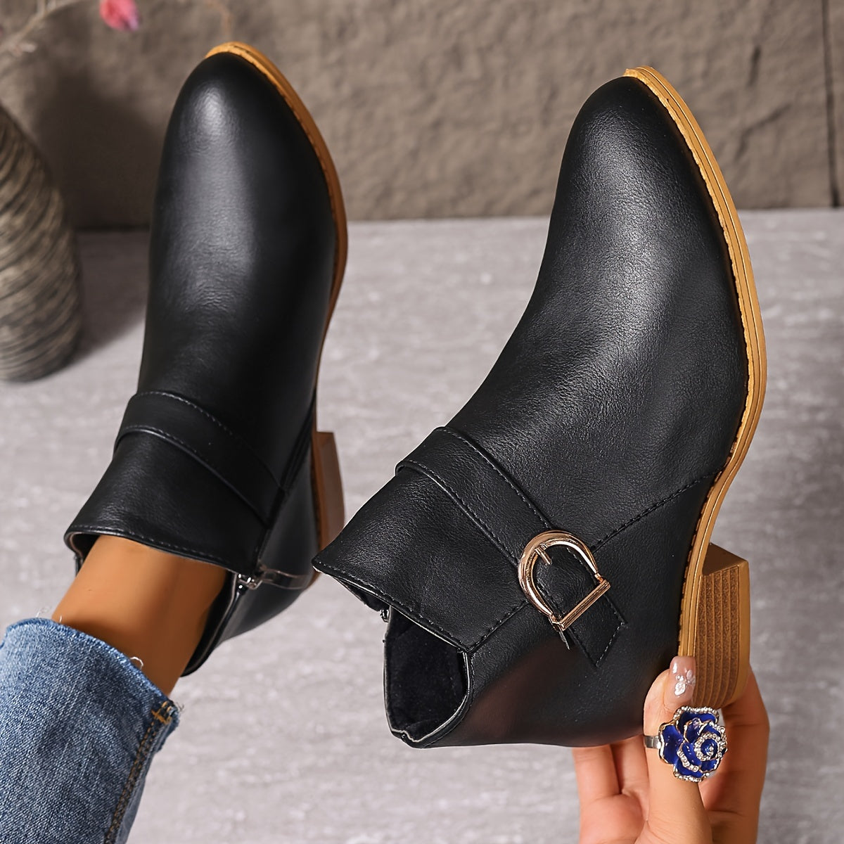 Women's Chelsea Ankle Boots with Wrap Around Buckle | Low Block Heel, Side Zip, Round Toe | Size 5.5-10.5