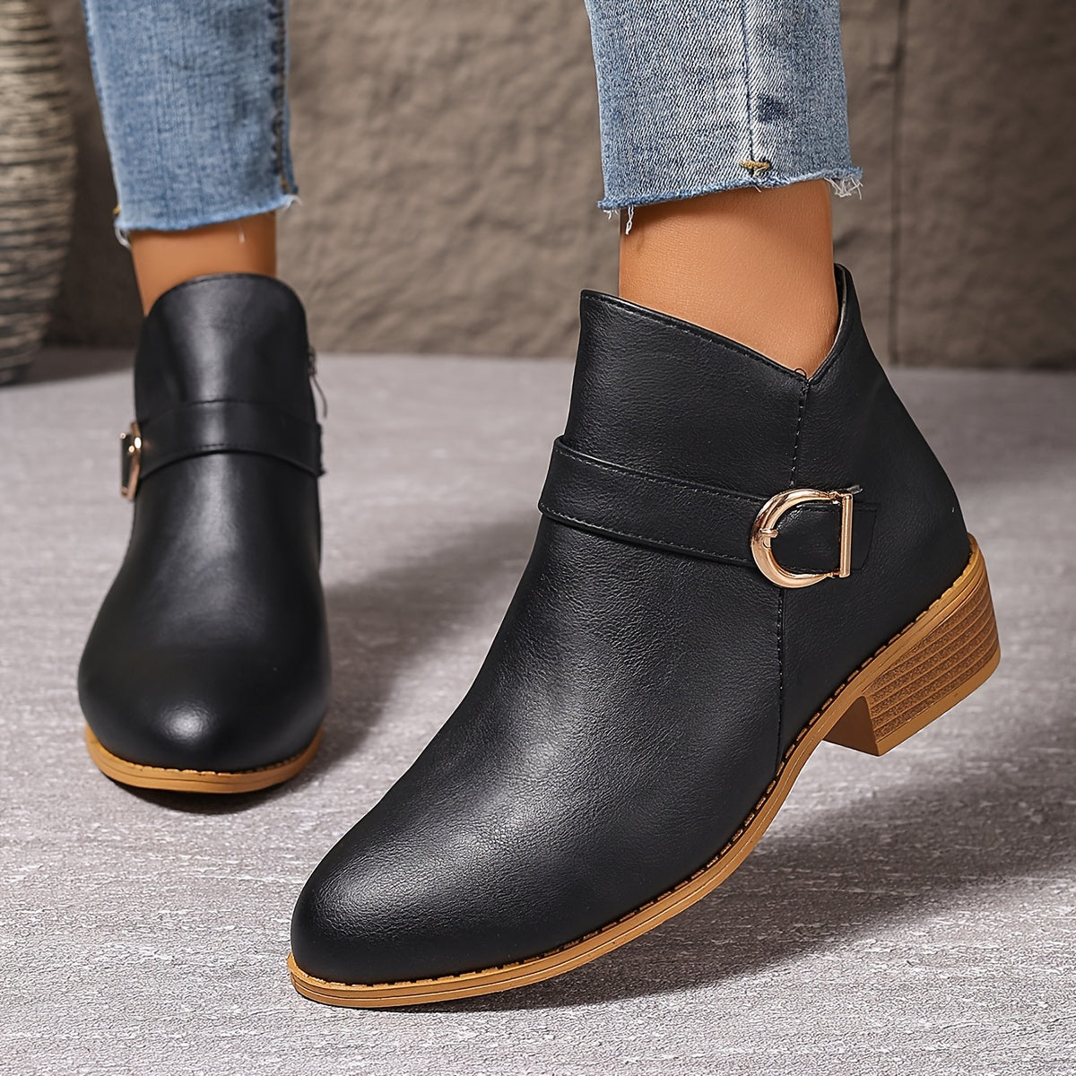 Women's Chelsea Ankle Boots with Wrap Around Buckle | Low Block Heel, Side Zip, Round Toe | Size 5.5-10.5