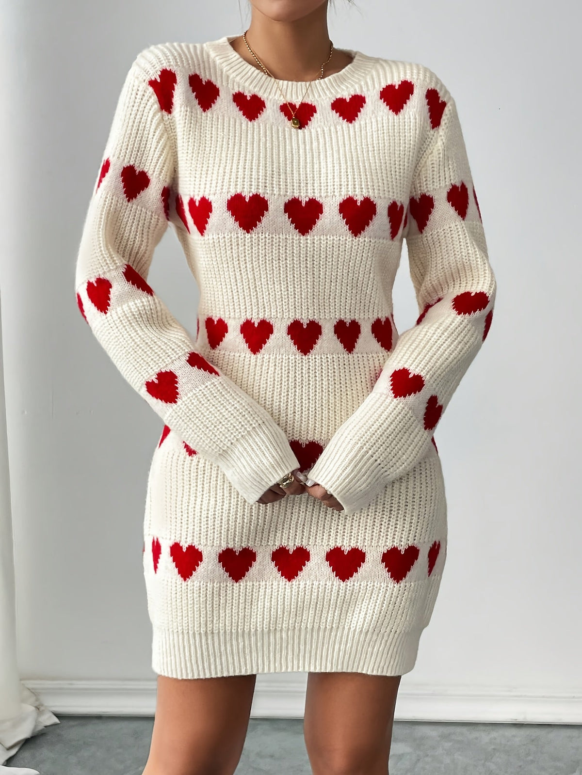 Women's Mini Sweater Dress with Red Heart Pattern | Round Neck, Long Sleeves, Acrylic Blend Knit | Sizes S-2XL in White